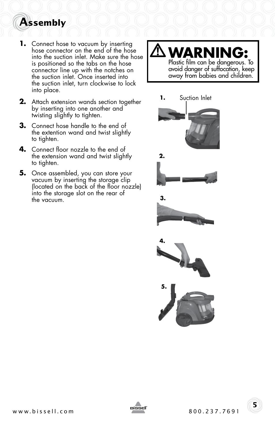 Warning, Ssembly | Bissell 6489 User Manual | Page 5 / 32