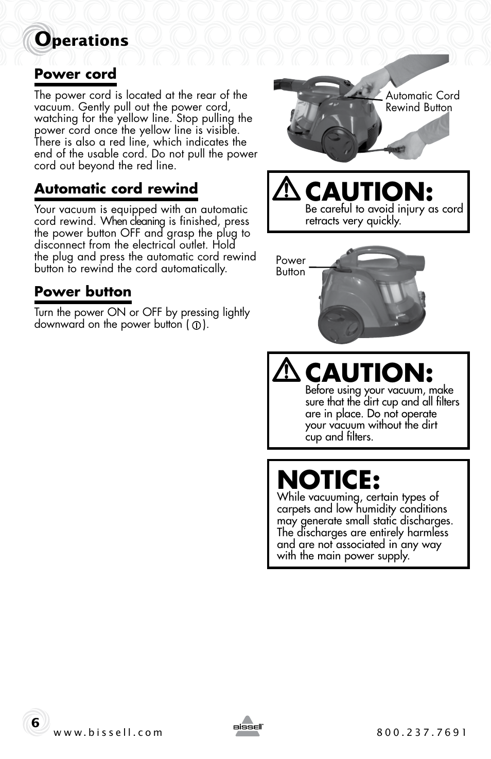 Caution, Notice, Perations | Bissell 6489 User Manual | Page 6 / 32