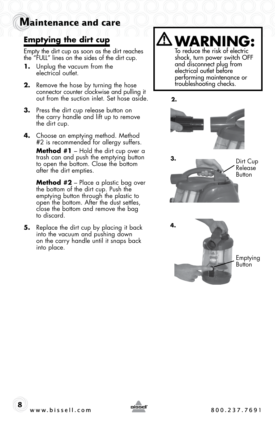 Warning, Aintenance and care, Emptying the dirt cup | Bissell 6489 User Manual | Page 8 / 32