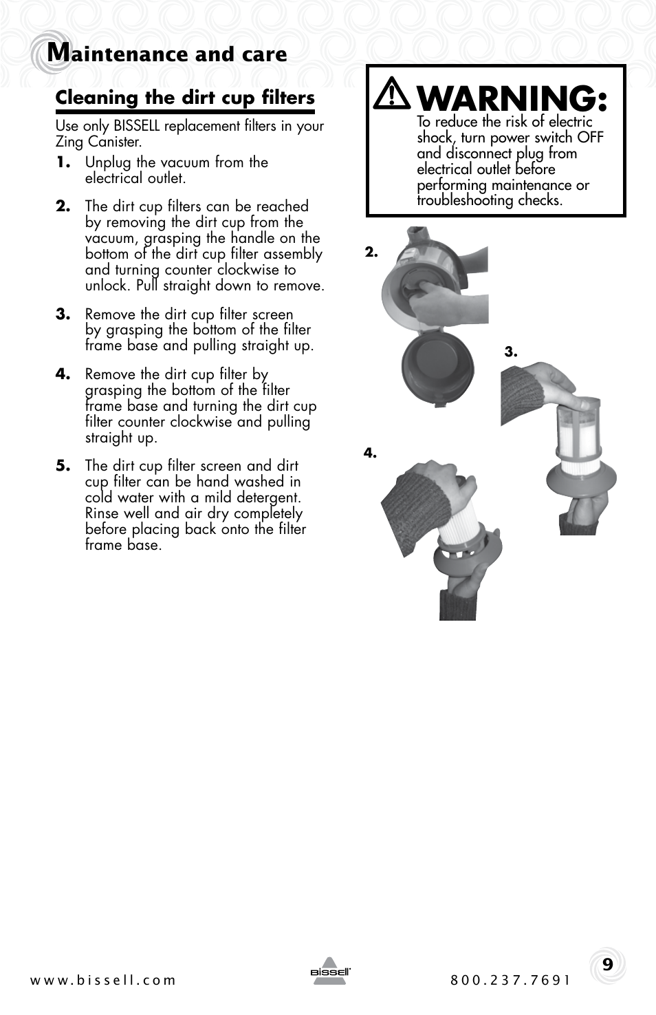 Warning, Aintenance and care, Cleaning the dirt cup filters | Bissell 6489 User Manual | Page 9 / 32