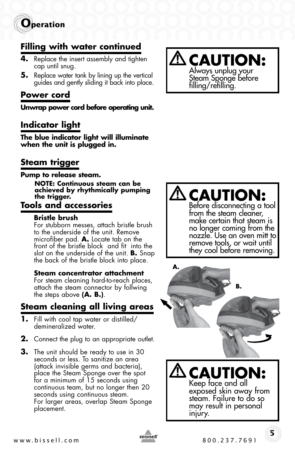 Caution | Bissell STEAM SPONGE 39F1 User Manual | Page 5 / 8