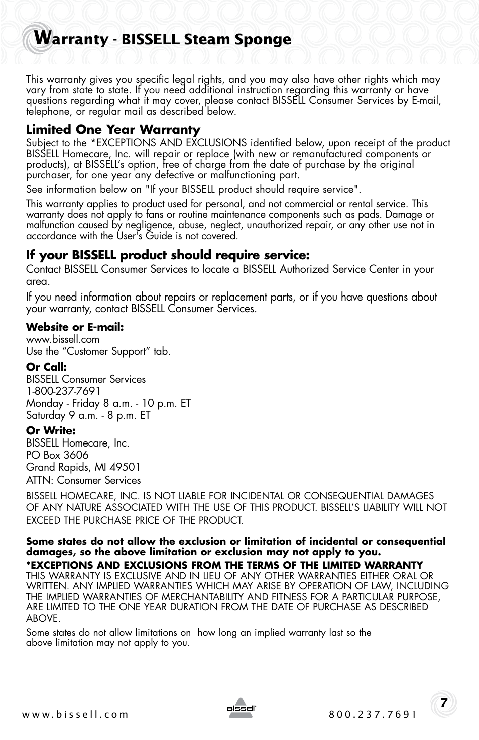 Arranty - bissell steam sponge | Bissell STEAM SPONGE 39F1 User Manual | Page 7 / 8