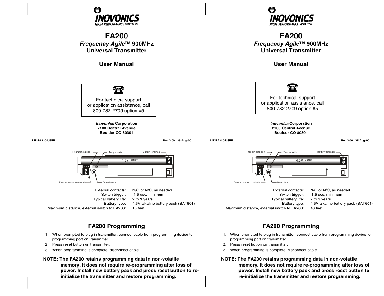 Inovonics FA200 User Manual | 3 pages