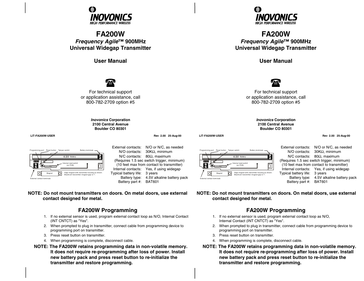 Inovonics FA200W User Manual | 2 pages