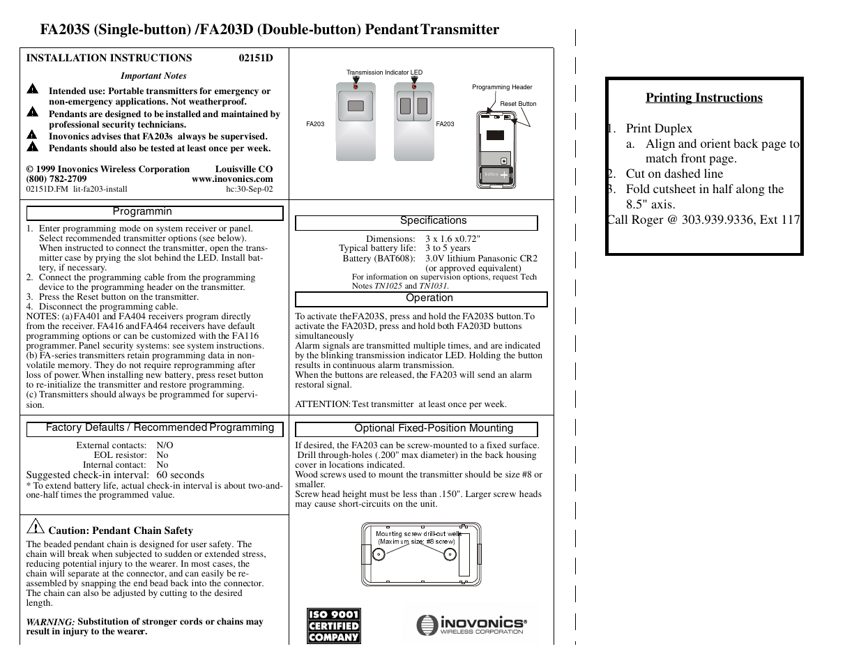 Inovonics FA203S User Manual | 2 pages