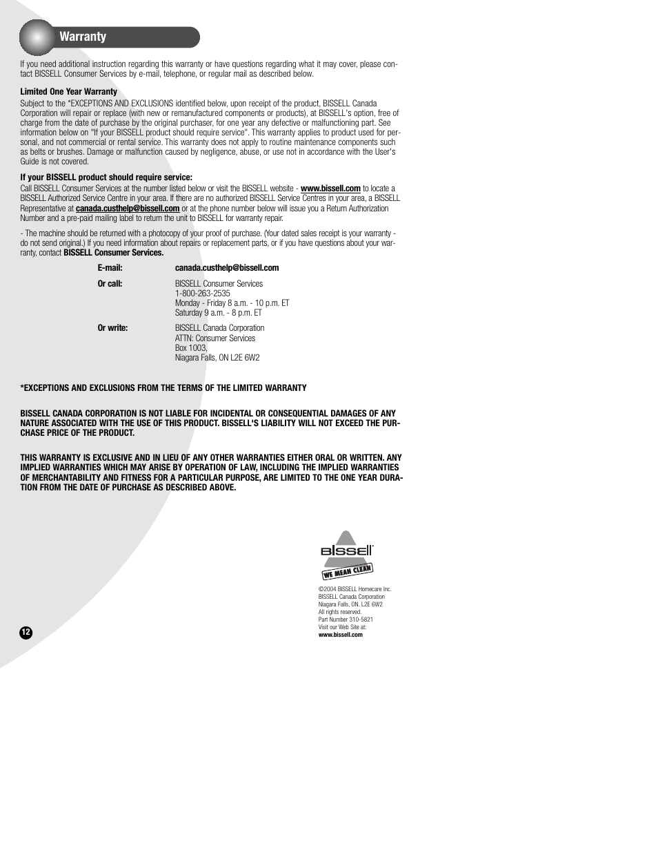 Warranty | Bissell PowerSteamer 1693 series User Manual | Page 12 / 12