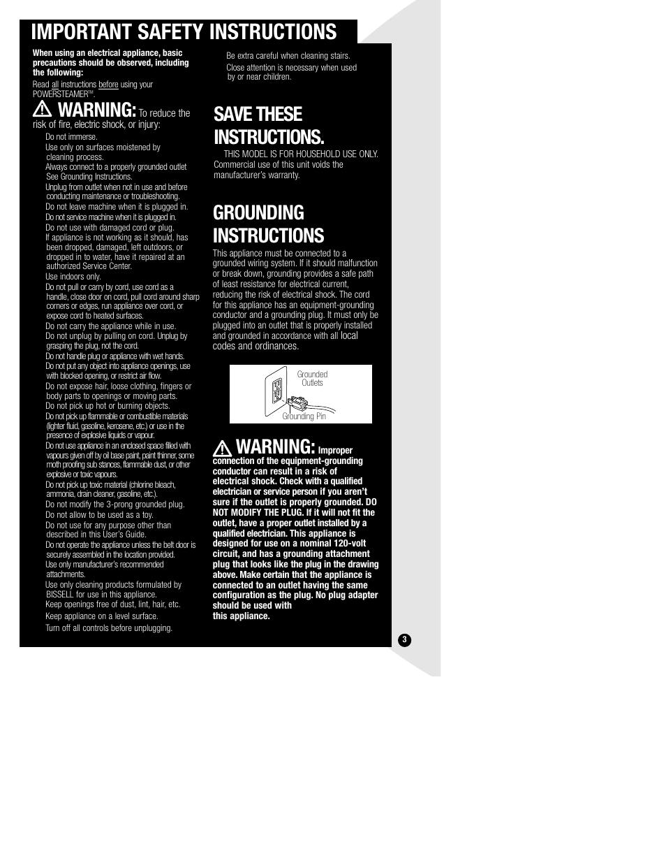 Important safety instructions, Warning, Save these instructions | Grounding instructions | Bissell PowerSteamer 1693 series User Manual | Page 3 / 12