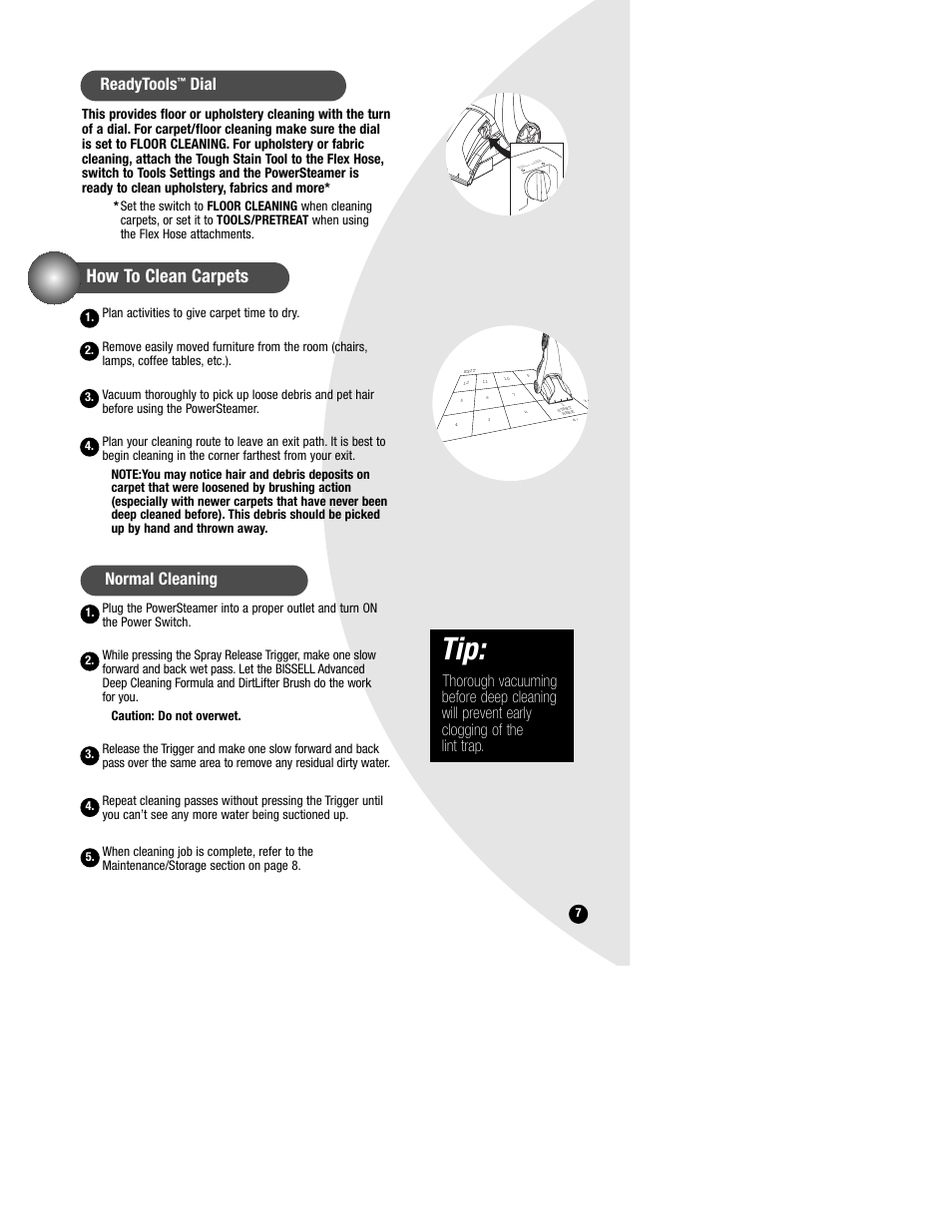 How to clean carpets, Readytools, Dial | Normal cleaning | Bissell PowerSteamer 1693 series User Manual | Page 7 / 12