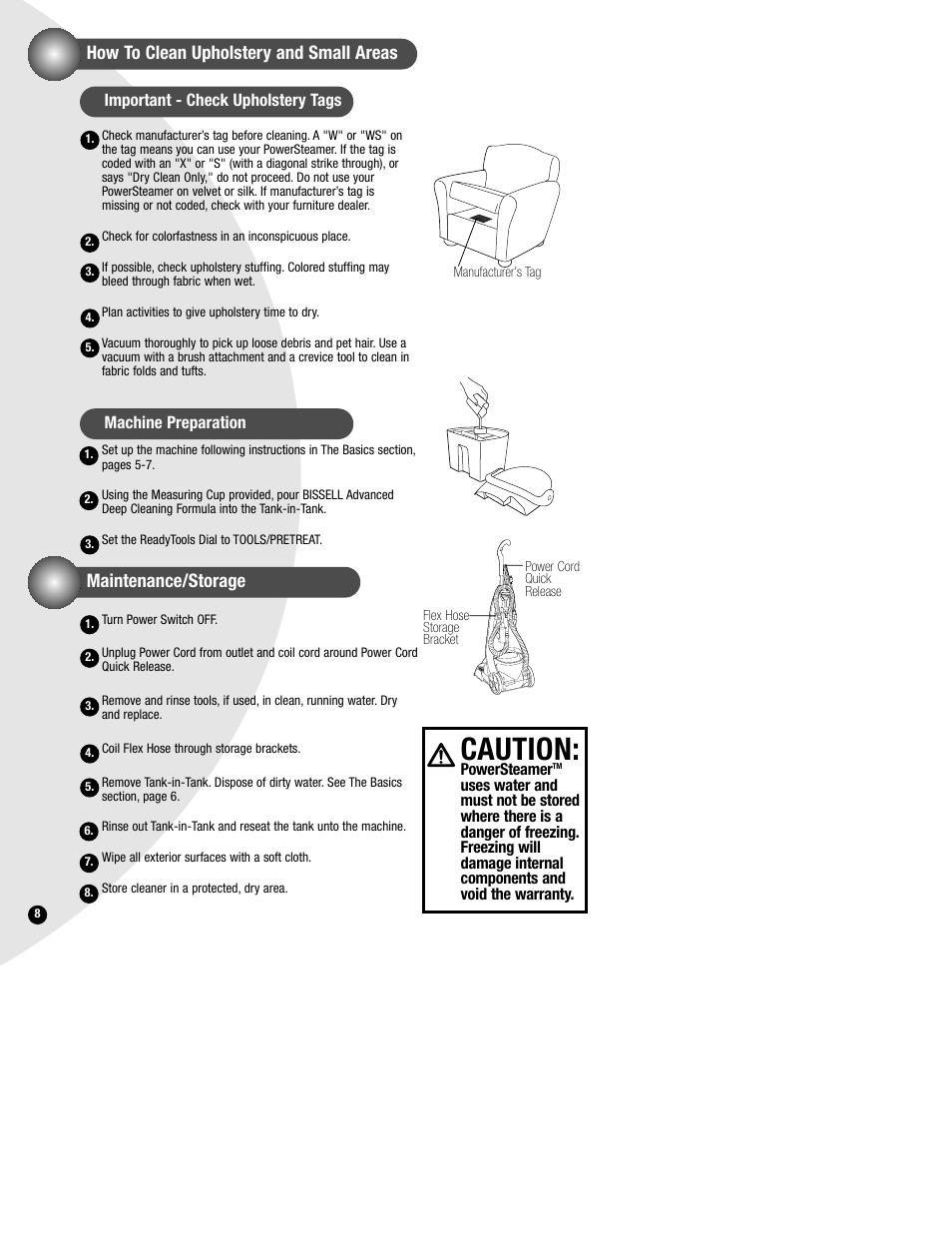 Caution, How to clean upholstery and small areas, Maintenance/storage | Bissell PowerSteamer 1693 series User Manual | Page 8 / 12