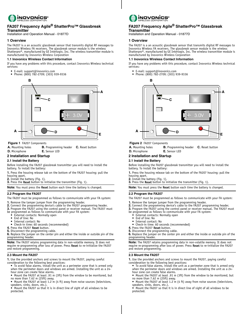 Inovonics FA207 User Manual | 2 pages