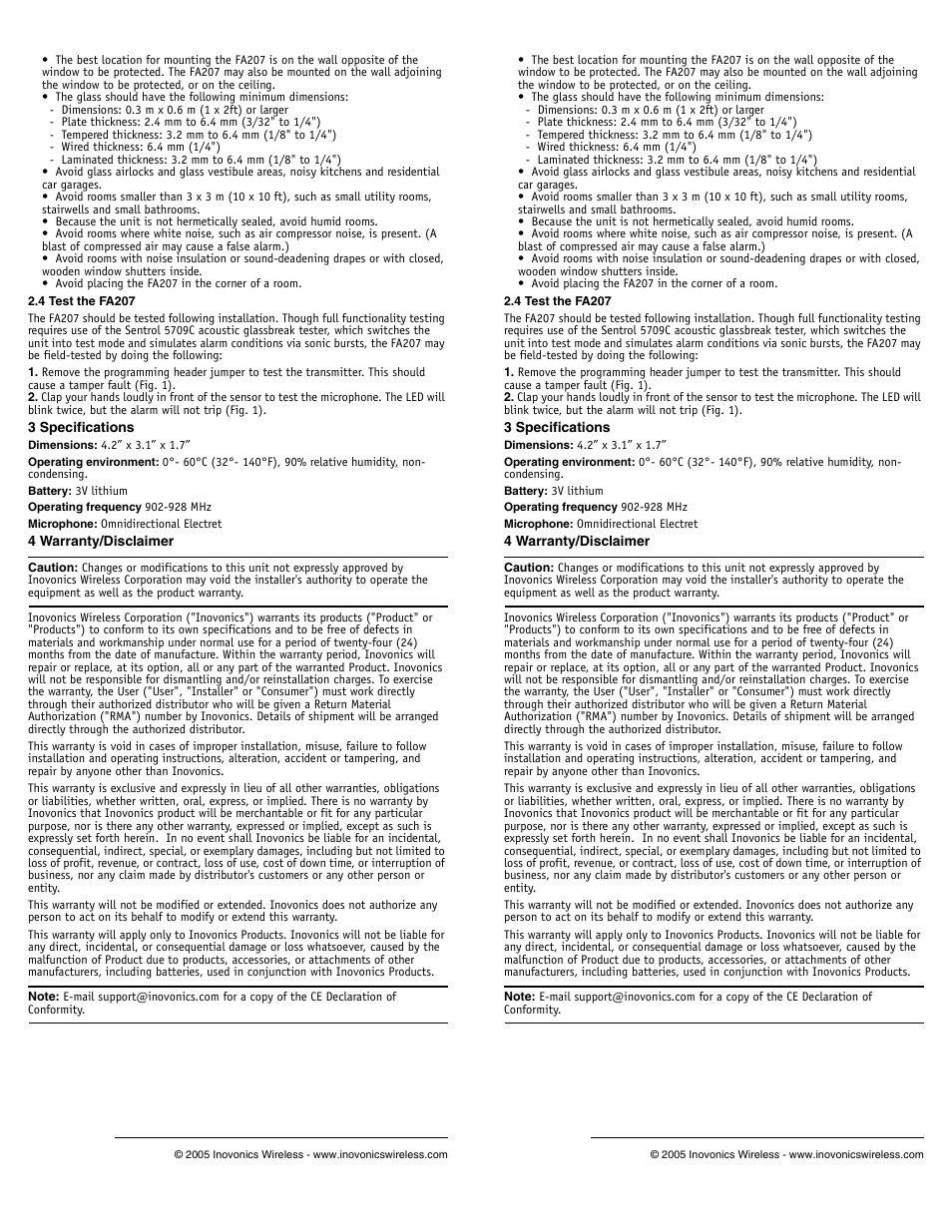 Inovonics FA207 User Manual | Page 2 / 2