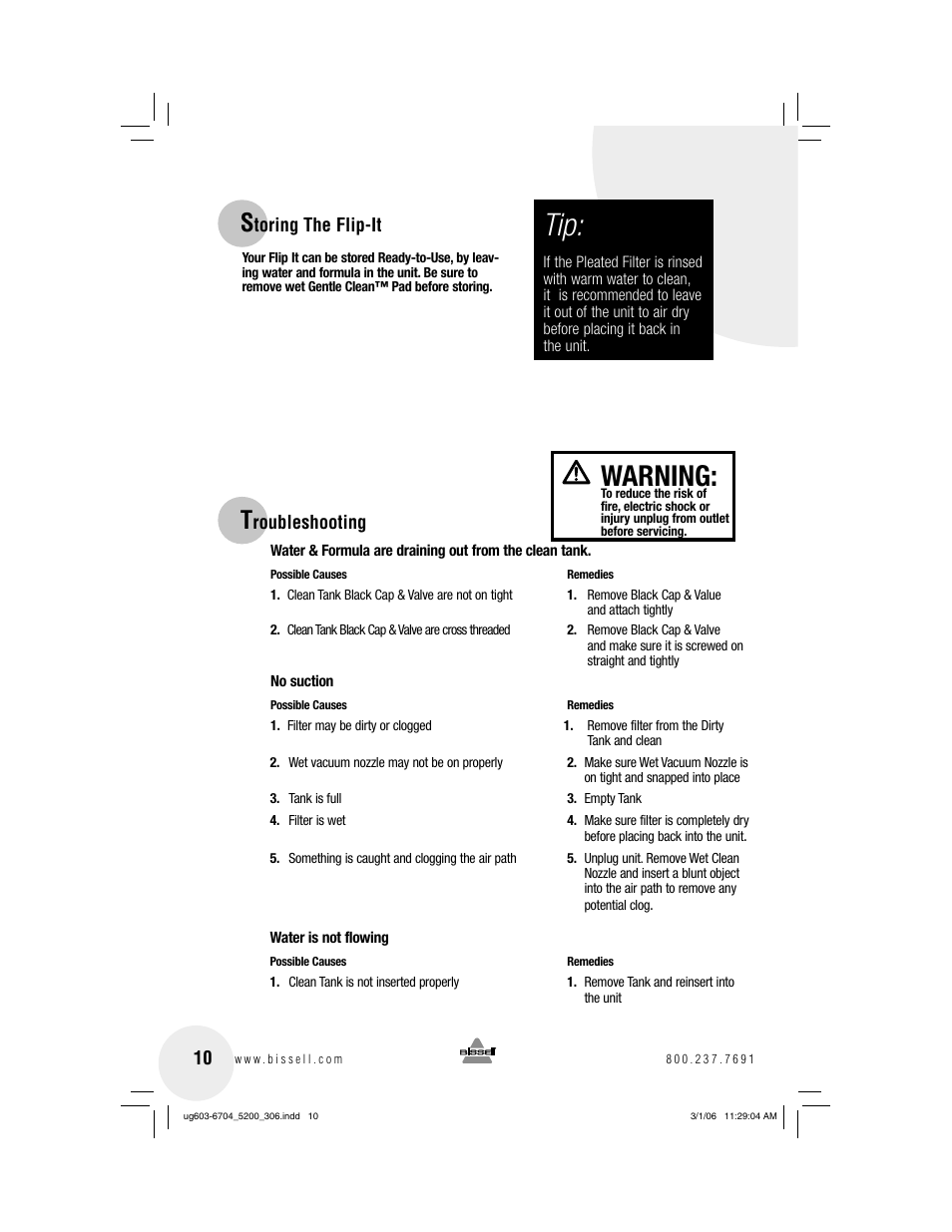 Warning | Bissell 5200 User Manual | Page 10 / 12