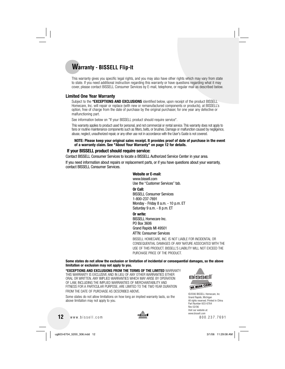 Arranty - bissell flip-it | Bissell 5200 User Manual | Page 12 / 12