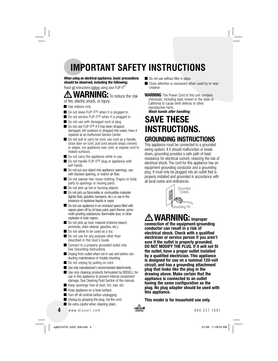 Important safety instructions, Warning, Save these instructions | Grounding instructions | Bissell 5200 User Manual | Page 4 / 12