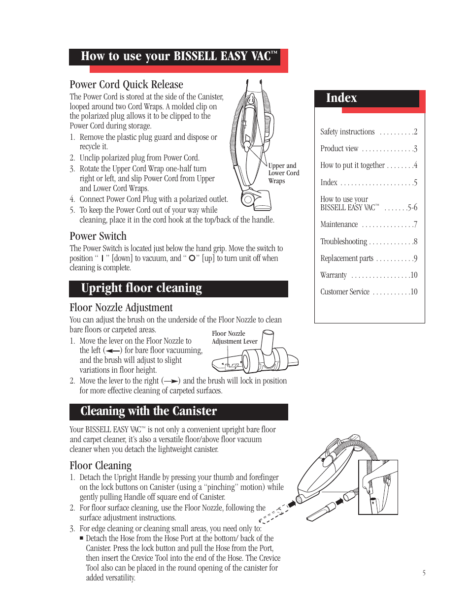 Index, How to use your bissell easy vac, Upright floor cleaning cleaning with the canister | Power cord quick release, Power switch, Floor nozzle adjustment, Floor cleaning | Bissell 3102 User Manual | Page 5 / 10