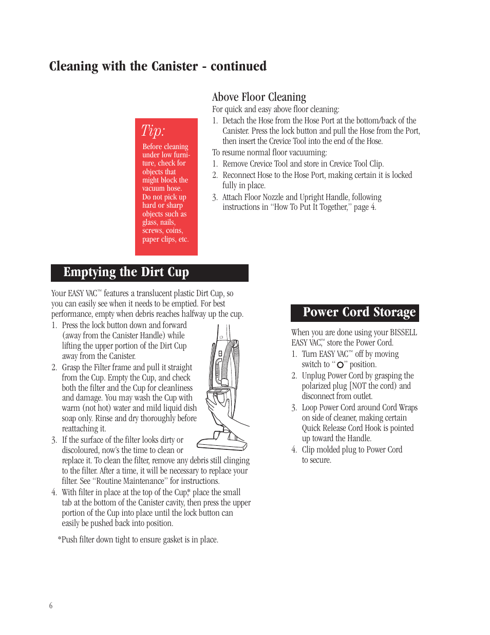 Power cord storage, Above floor cleaning | Bissell 3102 User Manual | Page 6 / 10