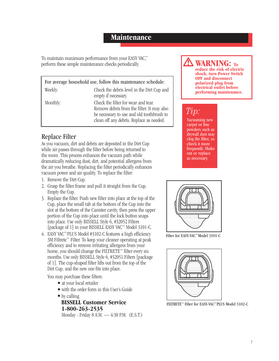 Warning, Maintenance, Replace filter | Bissell 3102 User Manual | Page 7 / 10