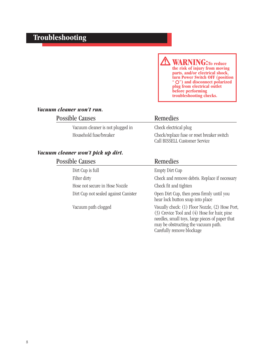 Warning, Troubleshooting, Possible causes remedies | Bissell 3102 User Manual | Page 8 / 10
