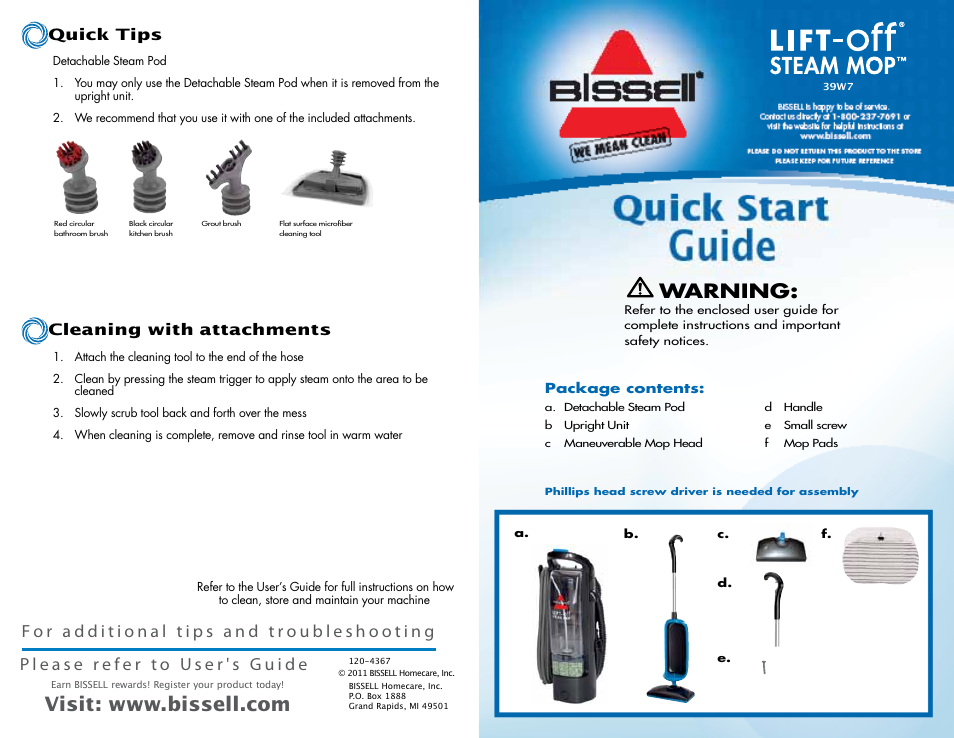 Bissell LIFT-off Steam Mop 39W78 User Manual | 2 pages