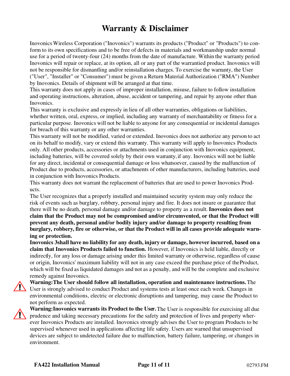 Warranty & disclaimer | Inovonics FA422 User Manual | Page 11 / 11
