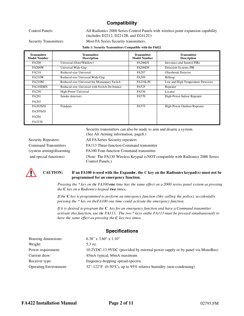 Compatibility, Specifications | Inovonics FA422 User Manual | Page 2 / 11