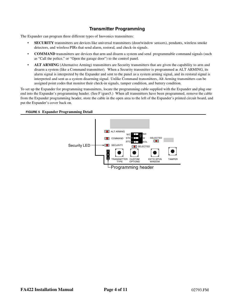 Transmitter programming, Programming header, Expander programming detail | Security led | Inovonics FA422 User Manual | Page 4 / 11