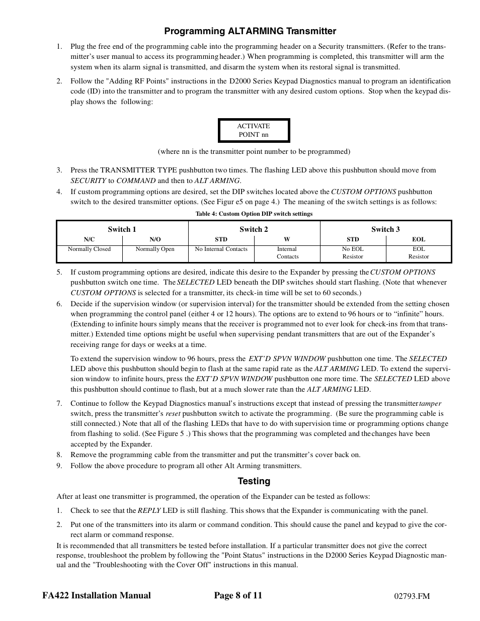 Programming alt arming transmitter, Testing | Inovonics FA422 User Manual | Page 8 / 11