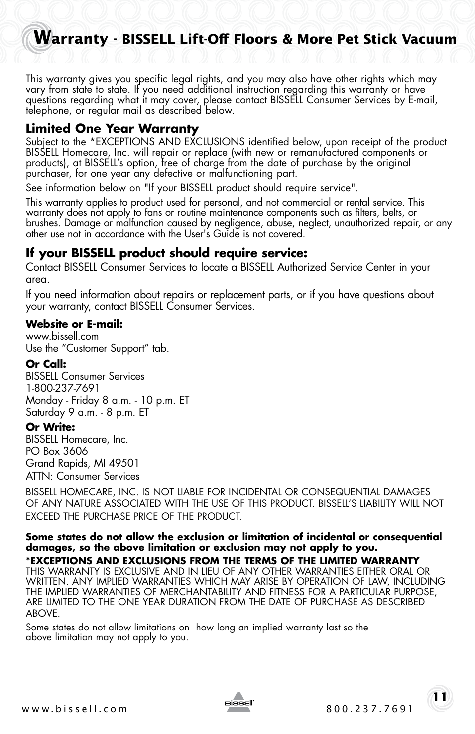 Arranty, Bissell lift-off floors & more pet stick vacuum | Bissell 53Y8 User Manual | Page 11 / 12
