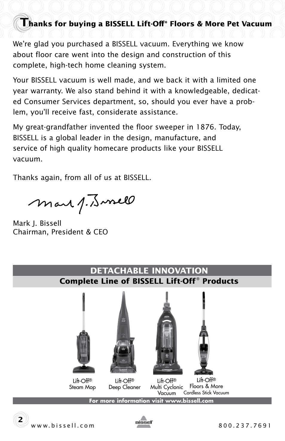 Detachable innovation, Complete line of bissell lift-off, Products | Hanks for buying a bissell lift-off | Bissell 53Y8 User Manual | Page 2 / 12