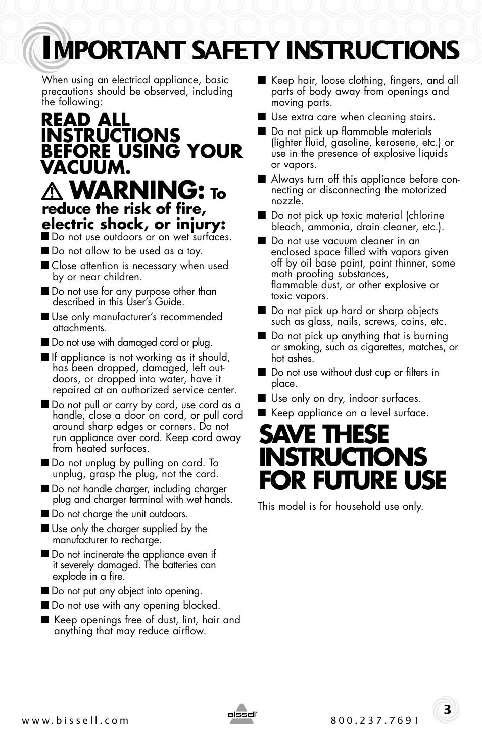 Mportant safety instructions, Warning, Save these instructions for future use | Read all instructions before using your vacuum | Bissell 53Y8 User Manual | Page 3 / 12