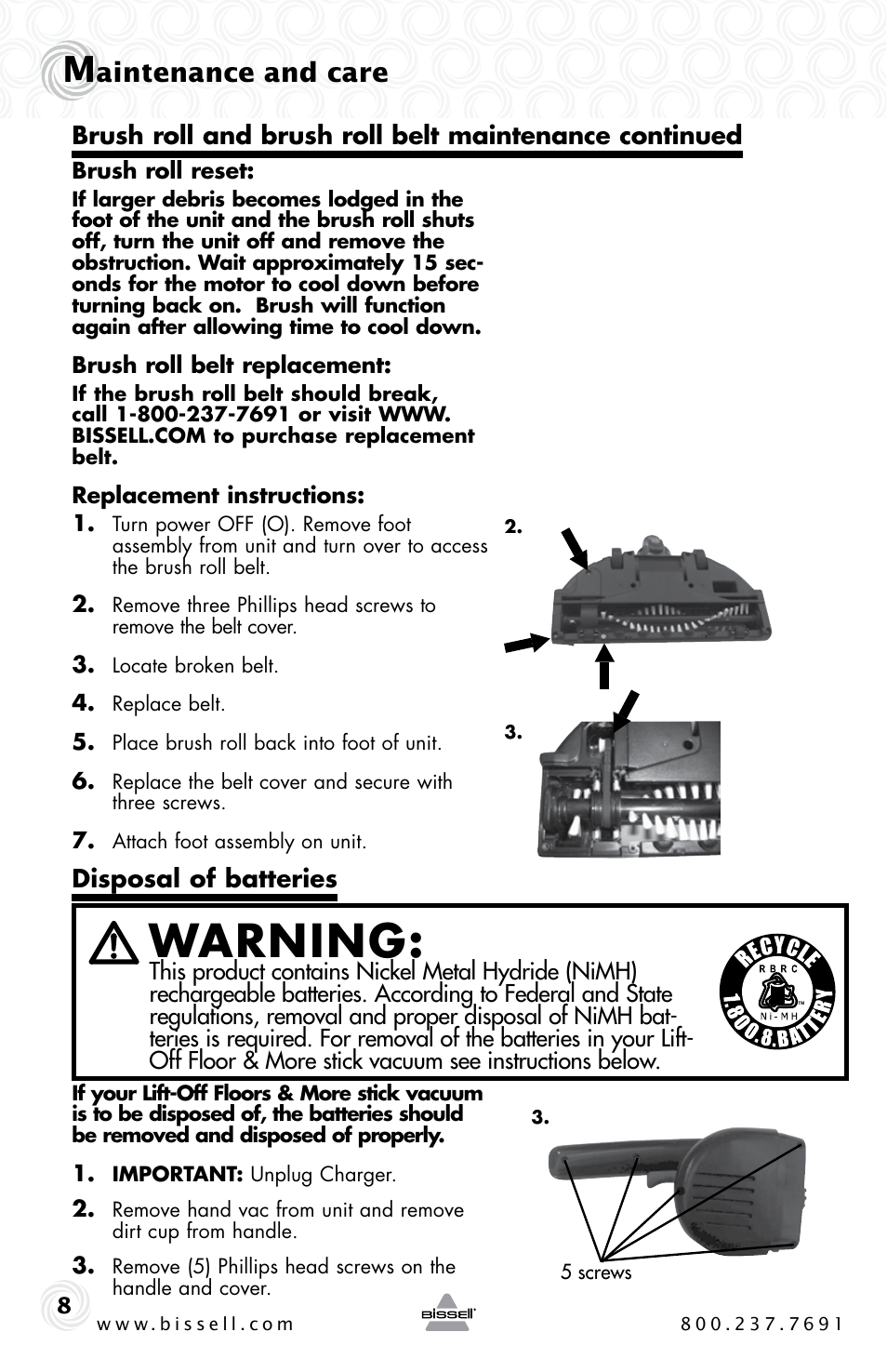 Warning, Aintenance and care | Bissell 53Y8 User Manual | Page 8 / 12