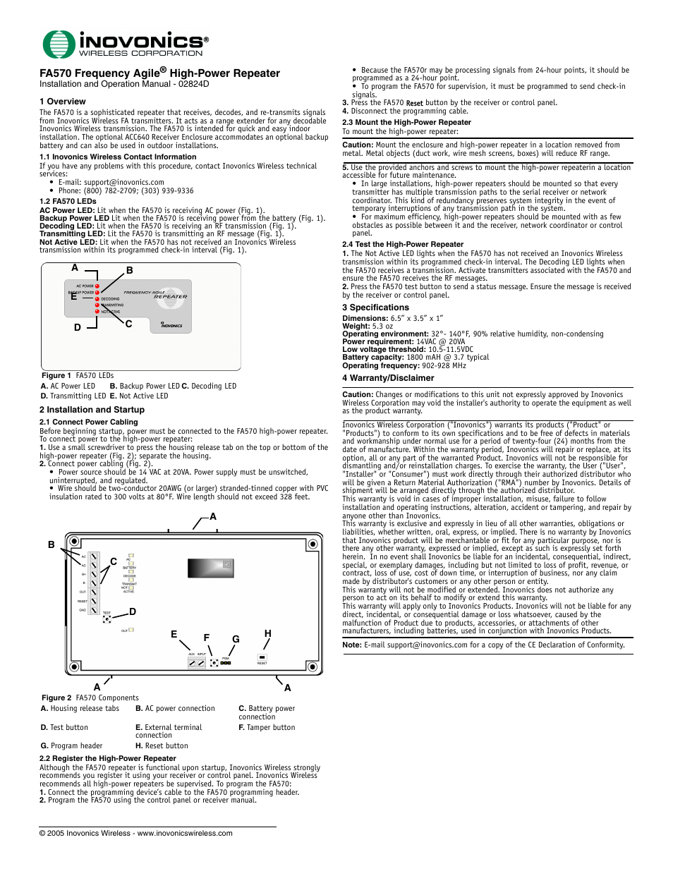 Inovonics FA570 User Manual | 1 page