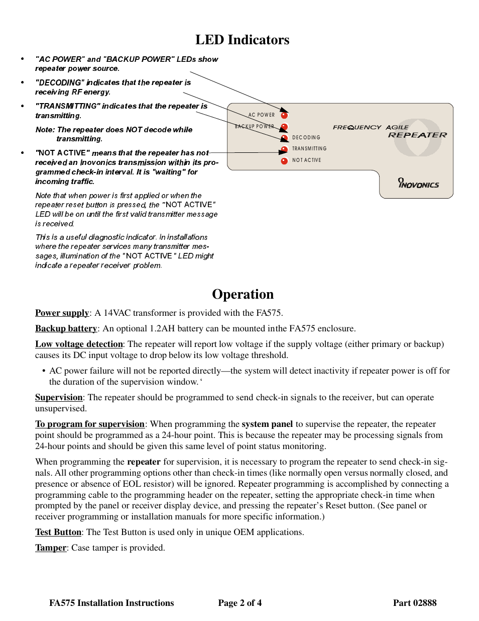 Operation, Led indicators | Inovonics FA575 User Manual | Page 2 / 4
