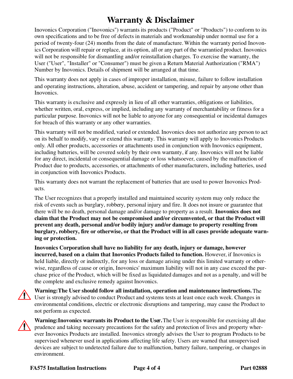 Warranty & disclaimer | Inovonics FA575 User Manual | Page 4 / 4