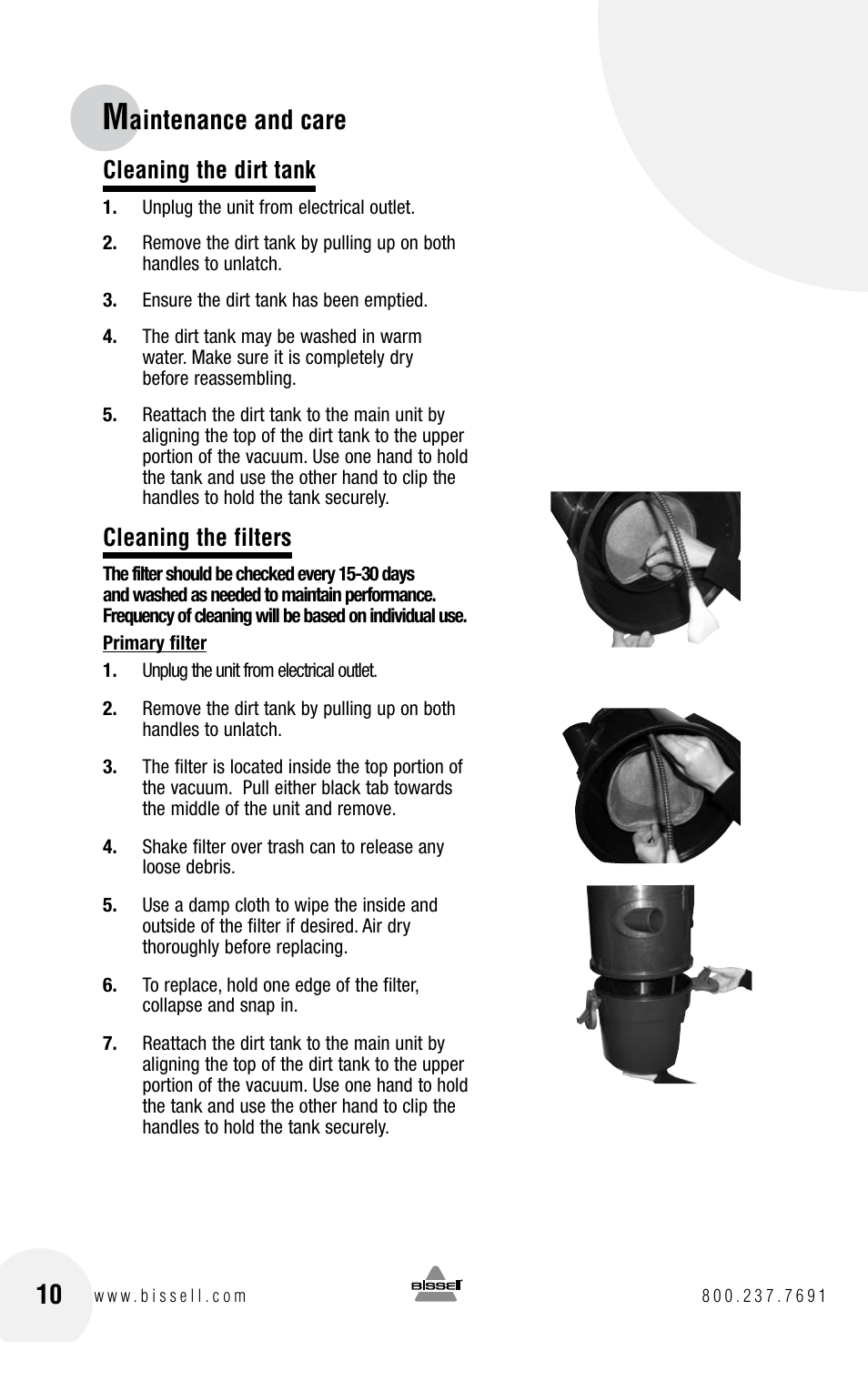 Aintenance and care, Cleaning the dirt tank, Cleaning the filters | Bissell GARAGE PRO 18P0 User Manual | Page 10 / 16