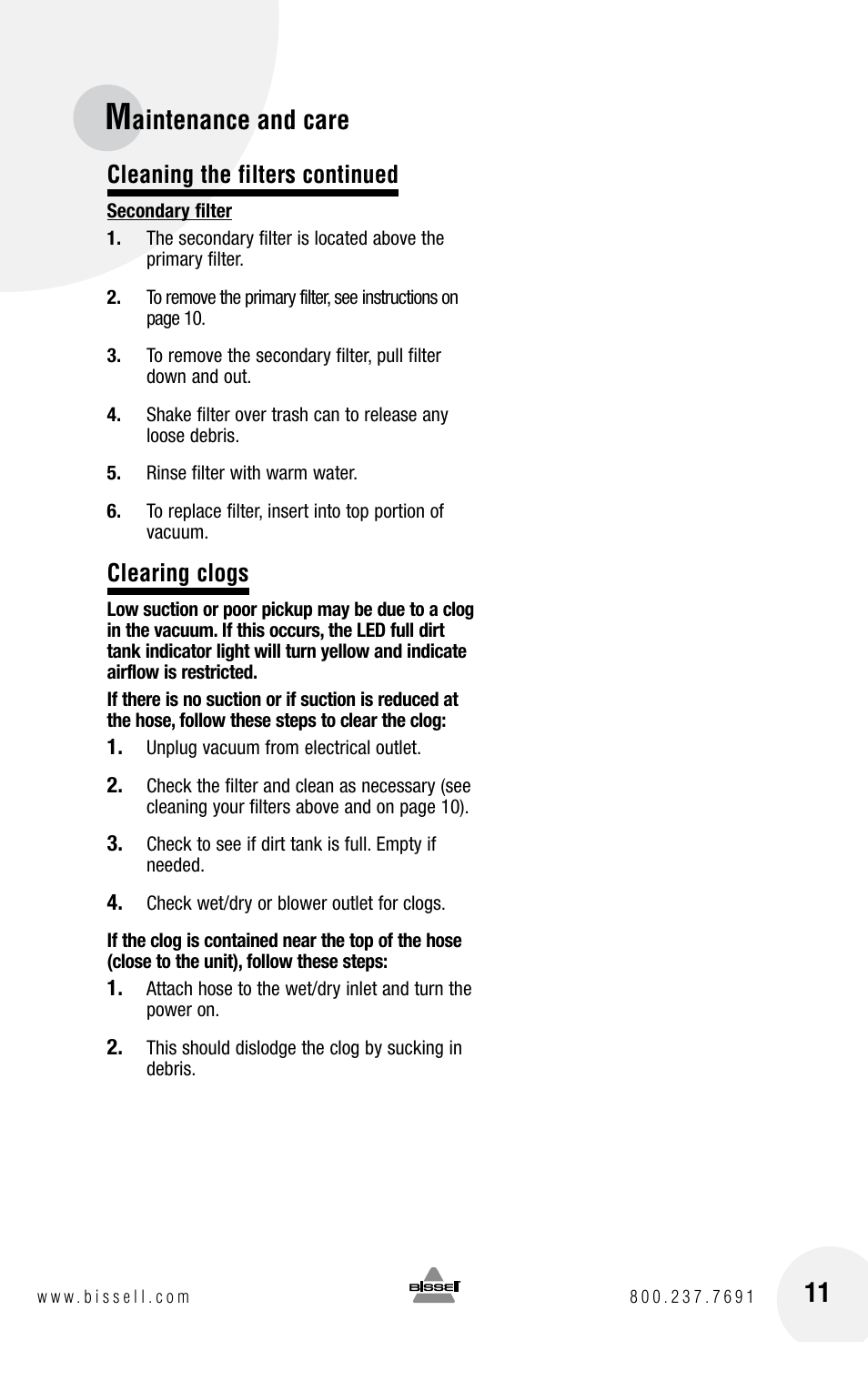 Aintenance and care, Cleaning the filters continued, Clearing clogs | Bissell GARAGE PRO 18P0 User Manual | Page 11 / 16