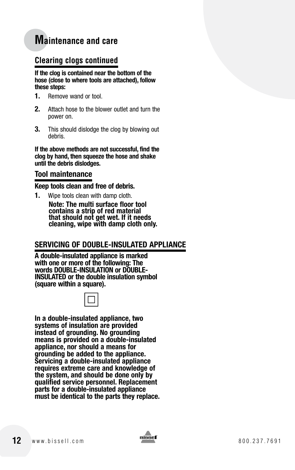 Aintenance and care 12 | Bissell GARAGE PRO 18P0 User Manual | Page 12 / 16