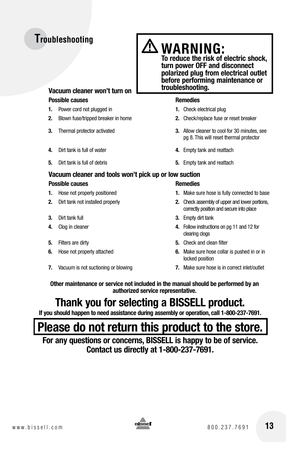 Warning, Please do not return this product to the store, Roubleshooting | Bissell GARAGE PRO 18P0 User Manual | Page 13 / 16