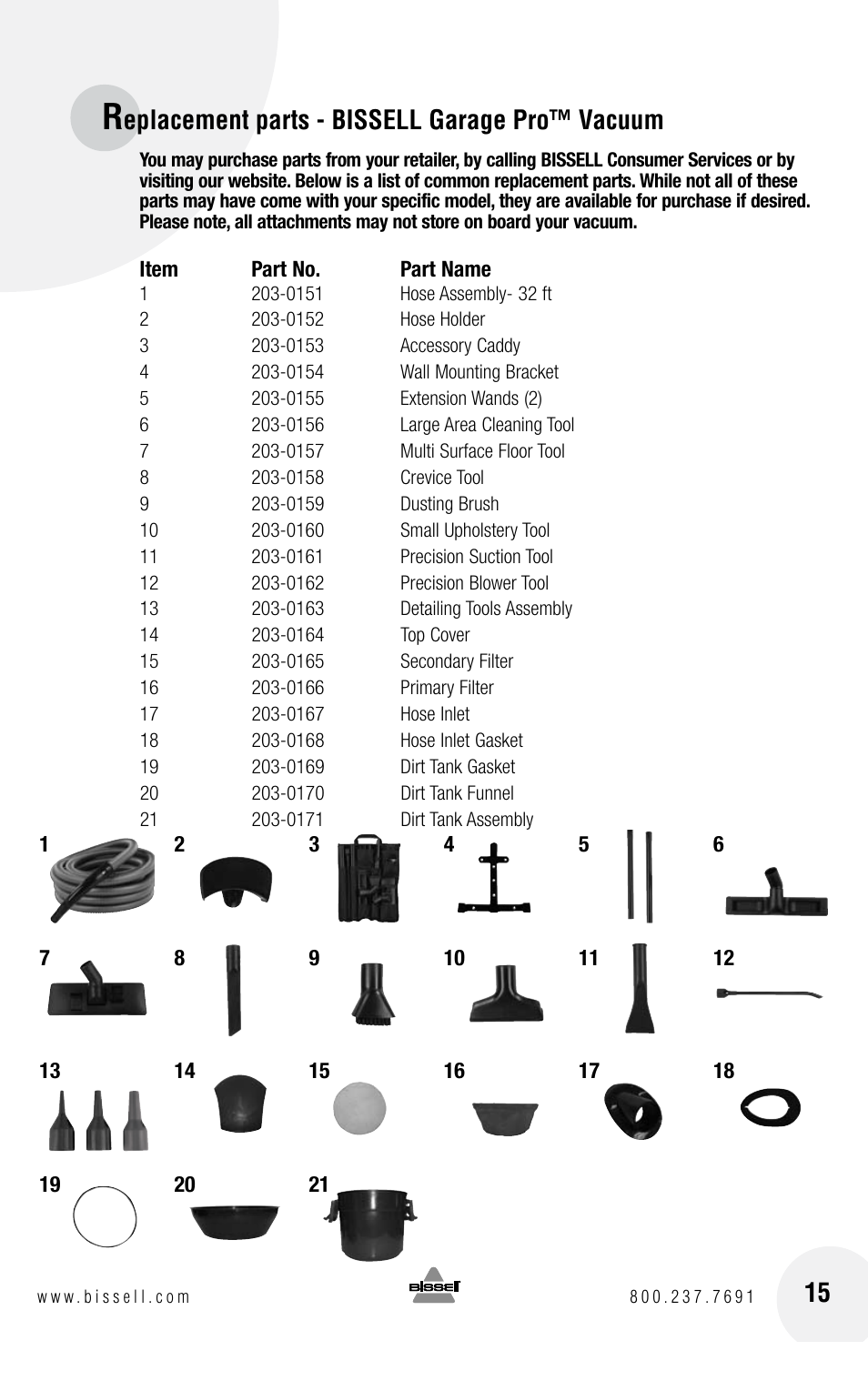 Eplacement parts - bissell garage pro™ vacuum | Bissell GARAGE PRO 18P0 User Manual | Page 15 / 16