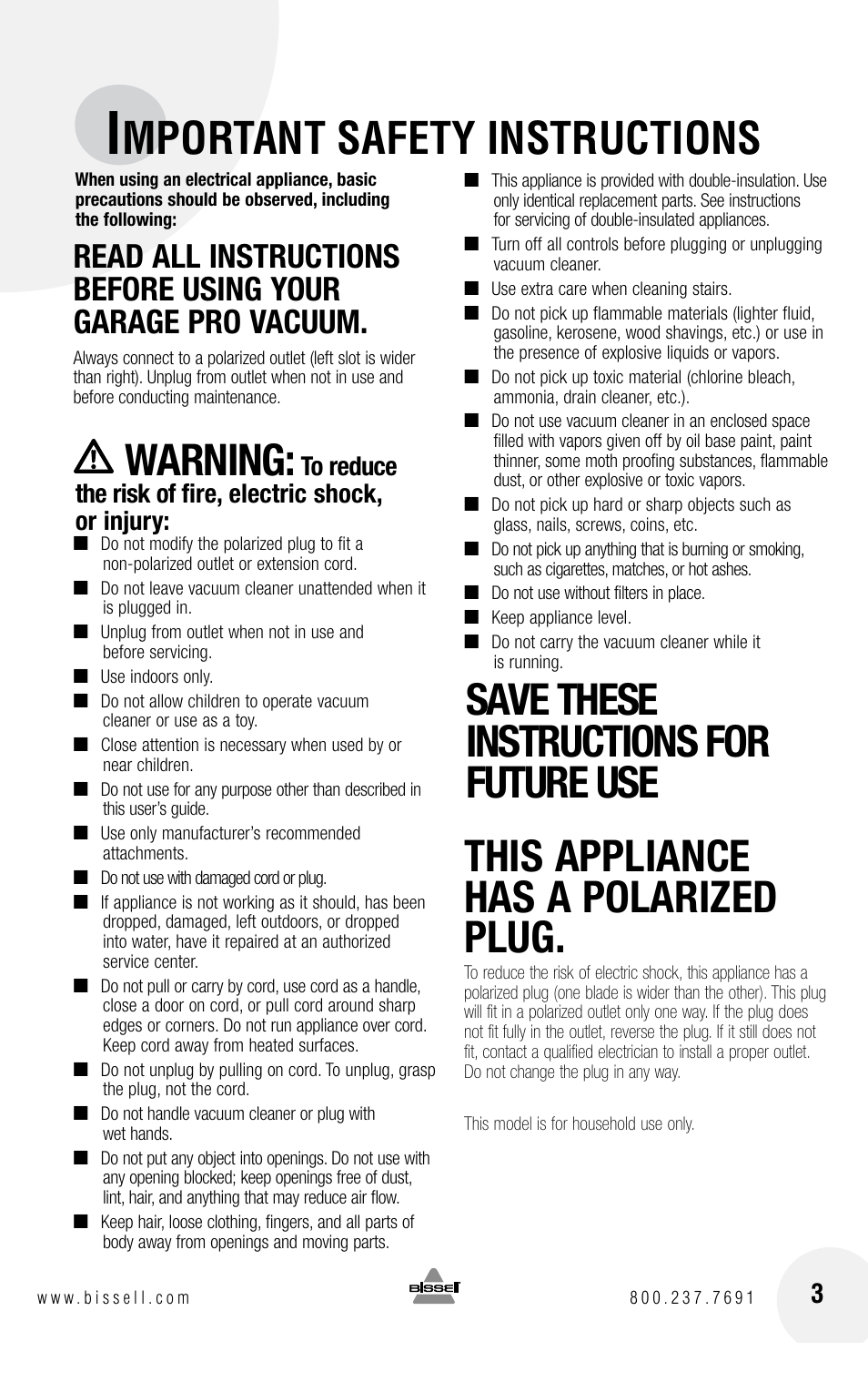 Mportant safety instructions, Warning | Bissell GARAGE PRO 18P0 User Manual | Page 3 / 16