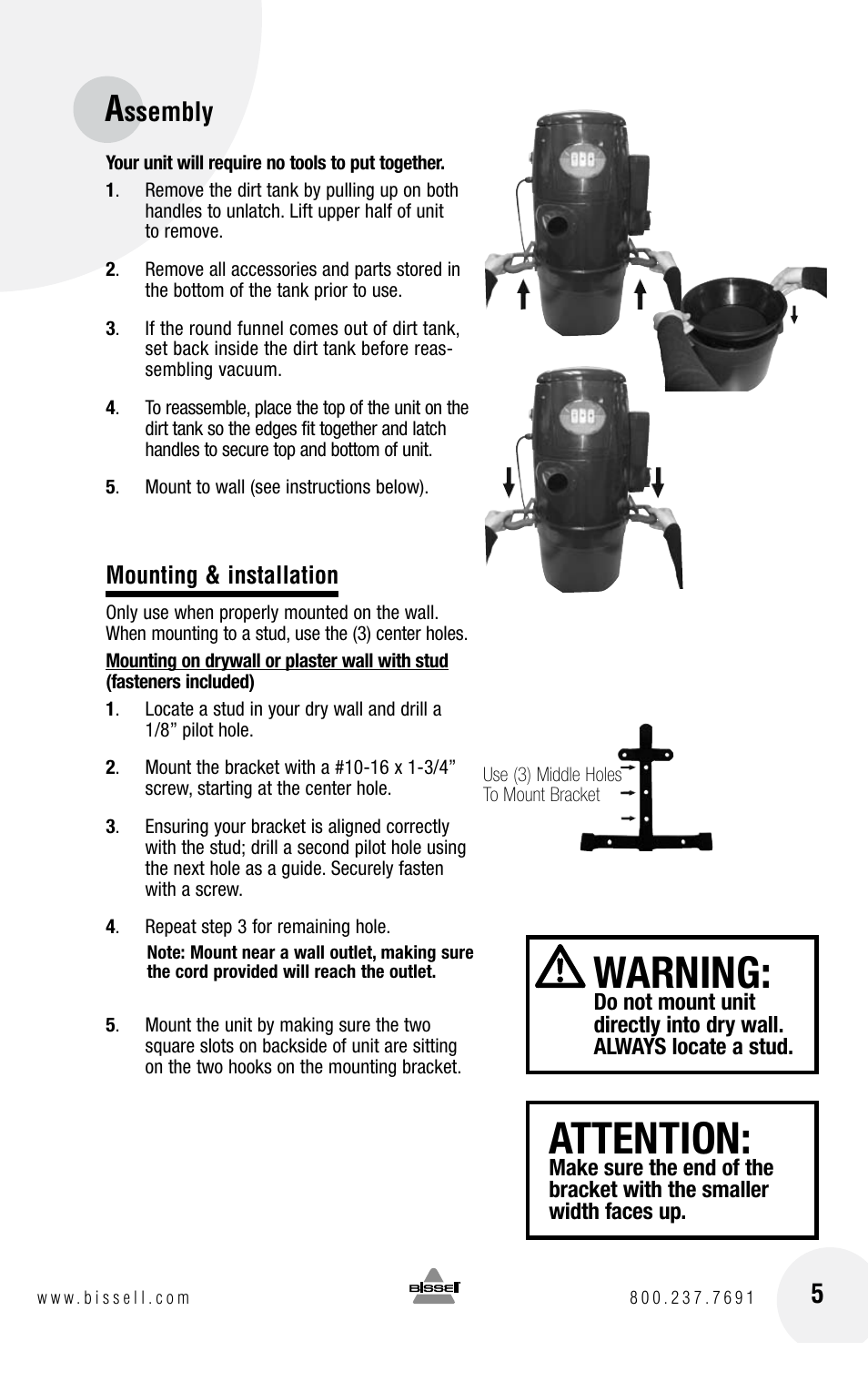 Warning, Attention, Ssembly | Bissell GARAGE PRO 18P0 User Manual | Page 5 / 16