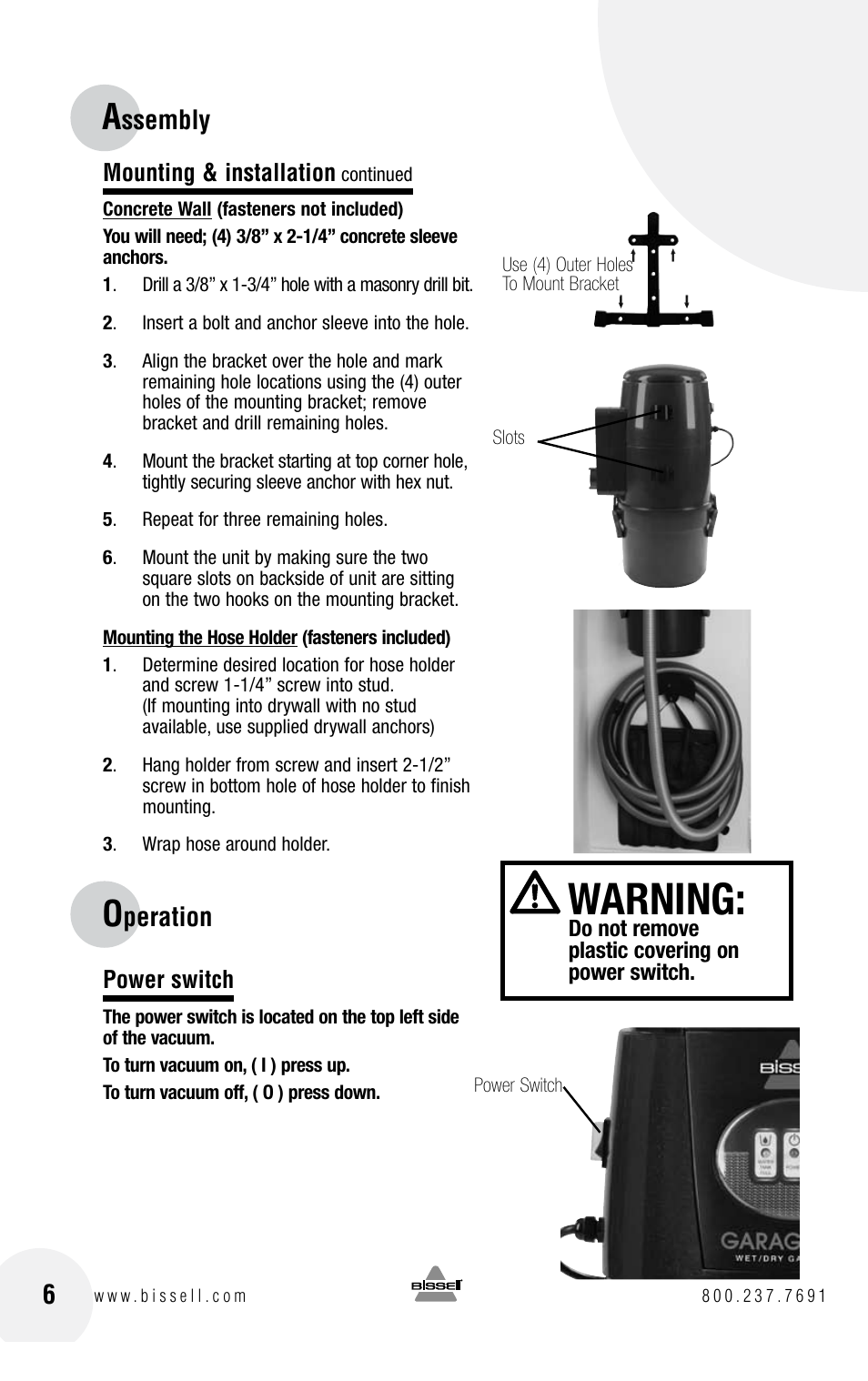 Warning, Ssembly, Peration 6 | Bissell GARAGE PRO 18P0 User Manual | Page 6 / 16