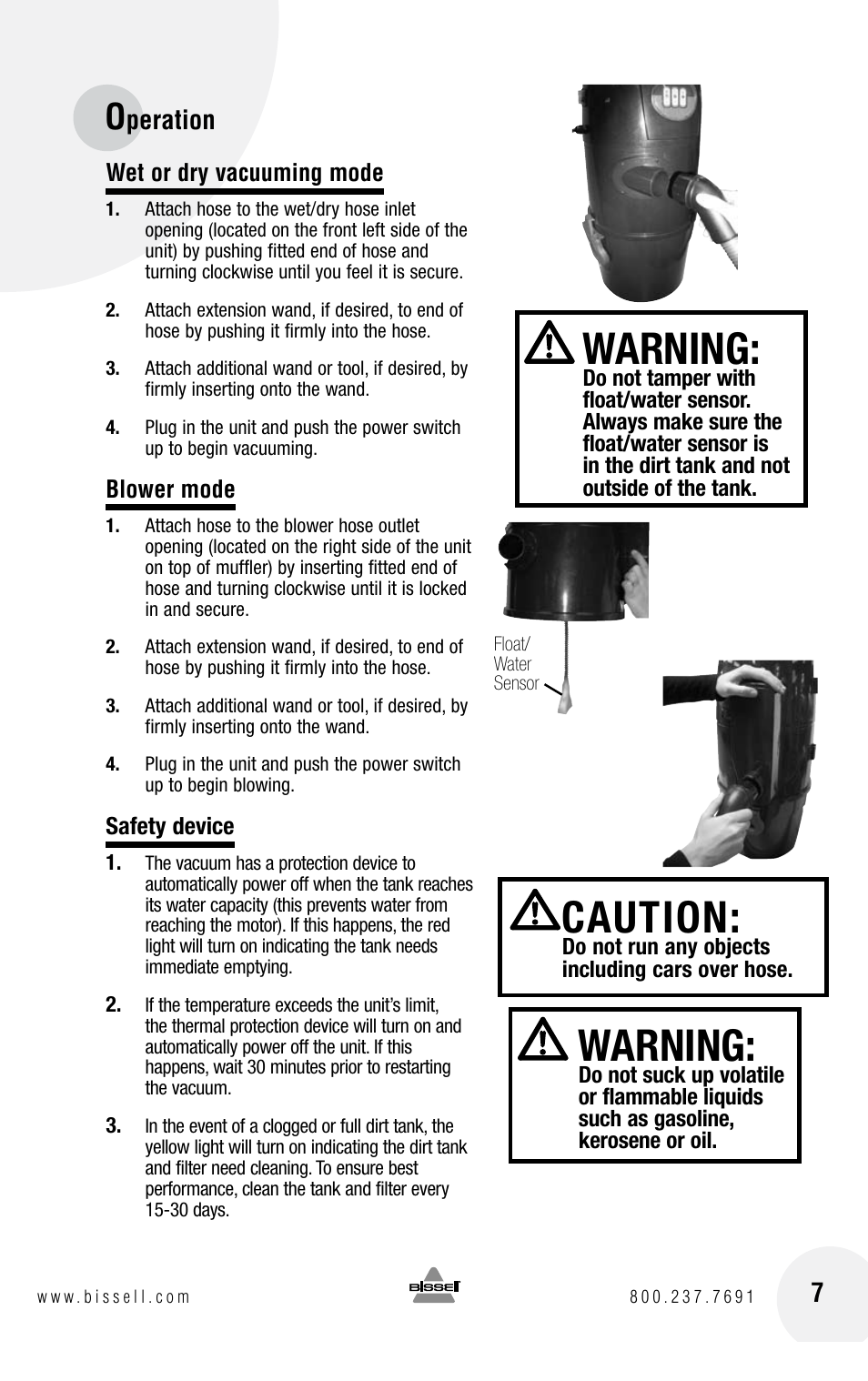 Warning, Caution, Peration 7 | Bissell GARAGE PRO 18P0 User Manual | Page 7 / 16