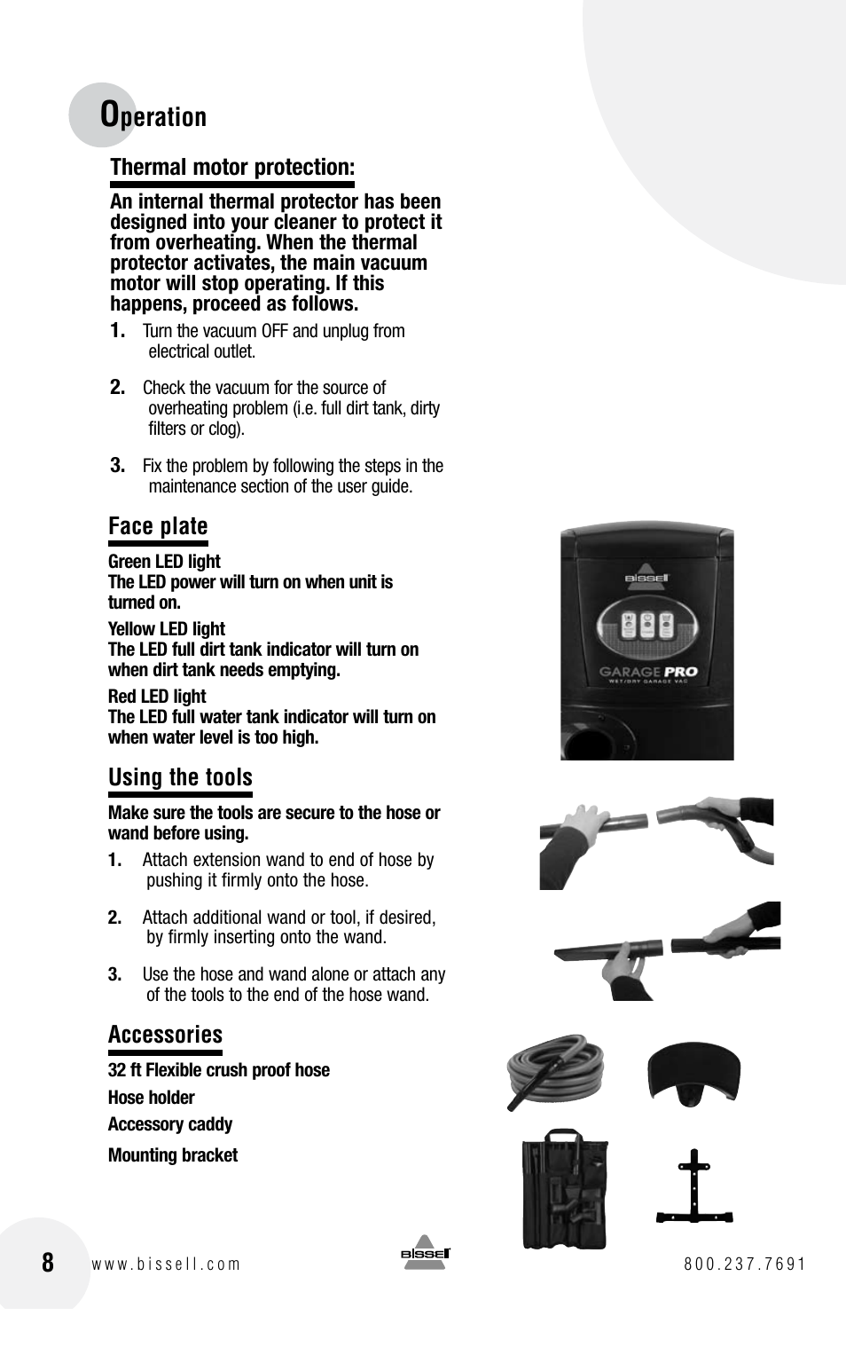 Peration, Thermal motor protection, Face plate | Using the tools, Accessories | Bissell GARAGE PRO 18P0 User Manual | Page 8 / 16