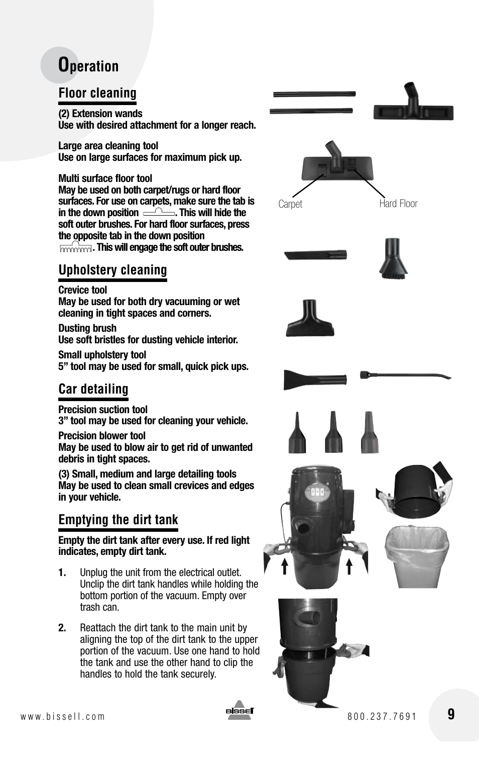 Peration 9, Floor cleaning, Upholstery cleaning | Car detailing, Emptying the dirt tank | Bissell GARAGE PRO 18P0 User Manual | Page 9 / 16