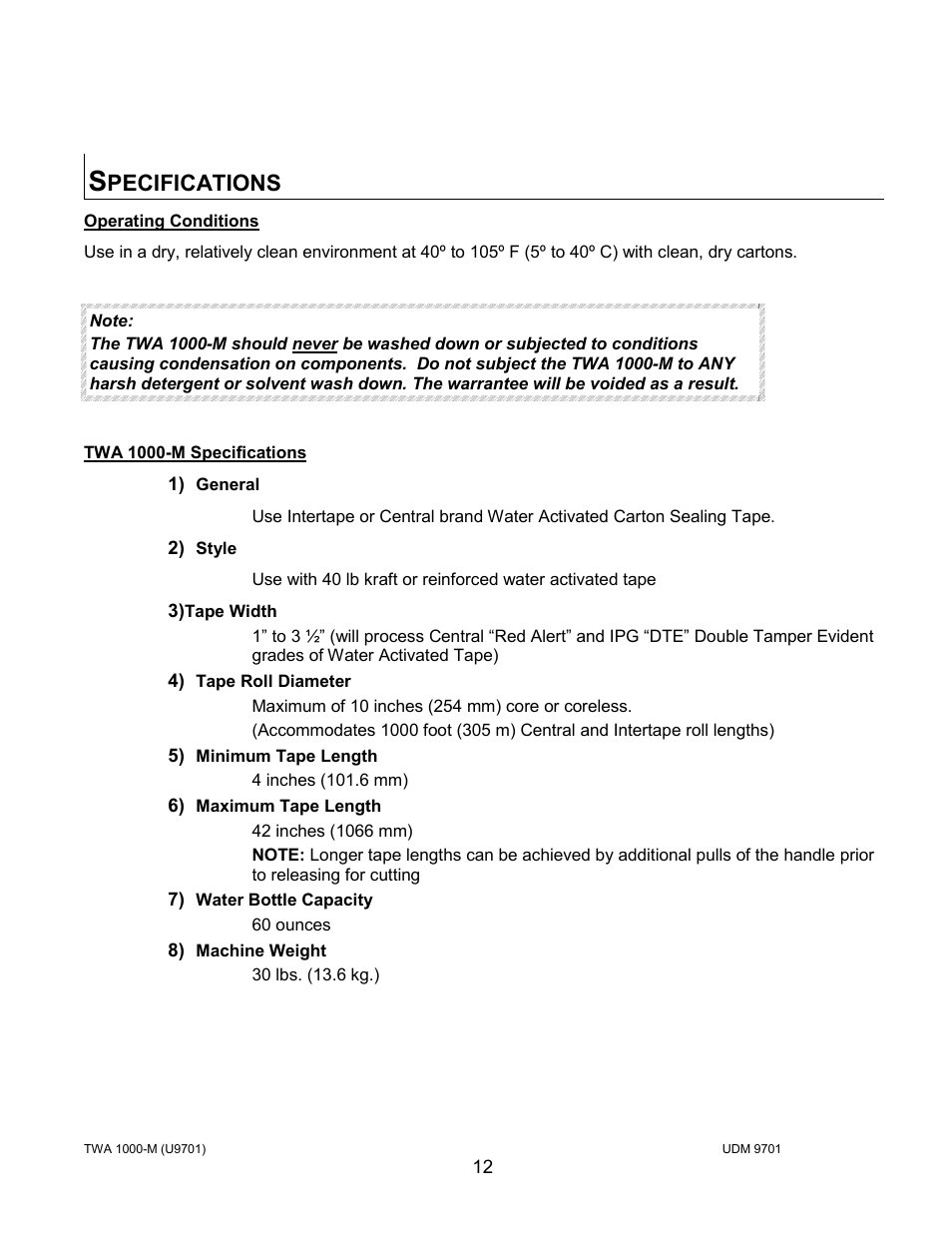 Pecifications | Intertape Polymer Group (IPG) TWA 1000-M User Manual | Page 12 / 60