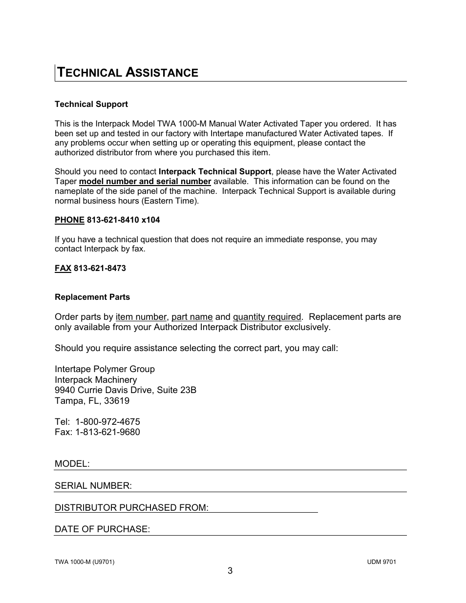 Echnical, Ssistance | Intertape Polymer Group (IPG) TWA 1000-M User Manual | Page 3 / 60