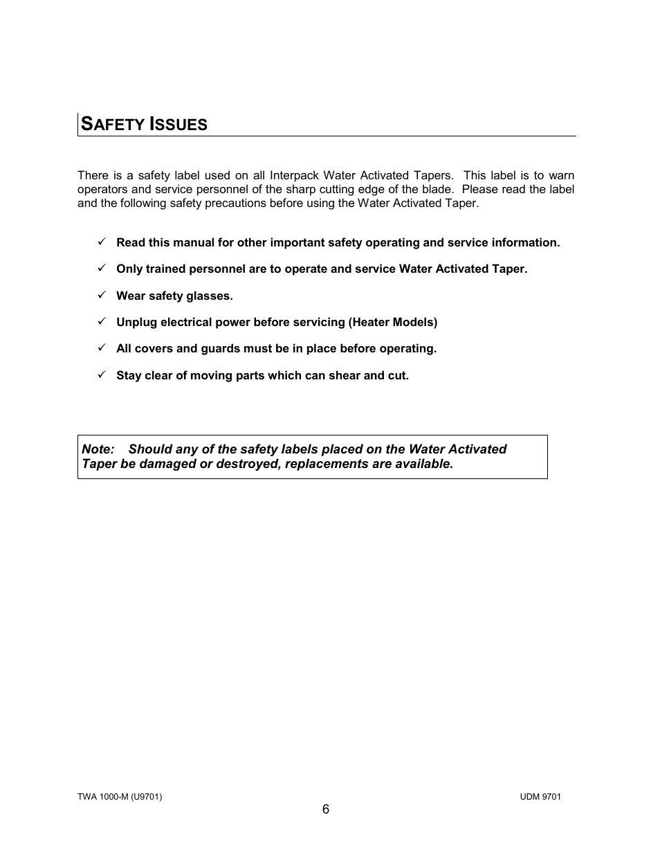 Afety, Ssues | Intertape Polymer Group (IPG) TWA 1000-M User Manual | Page 6 / 60
