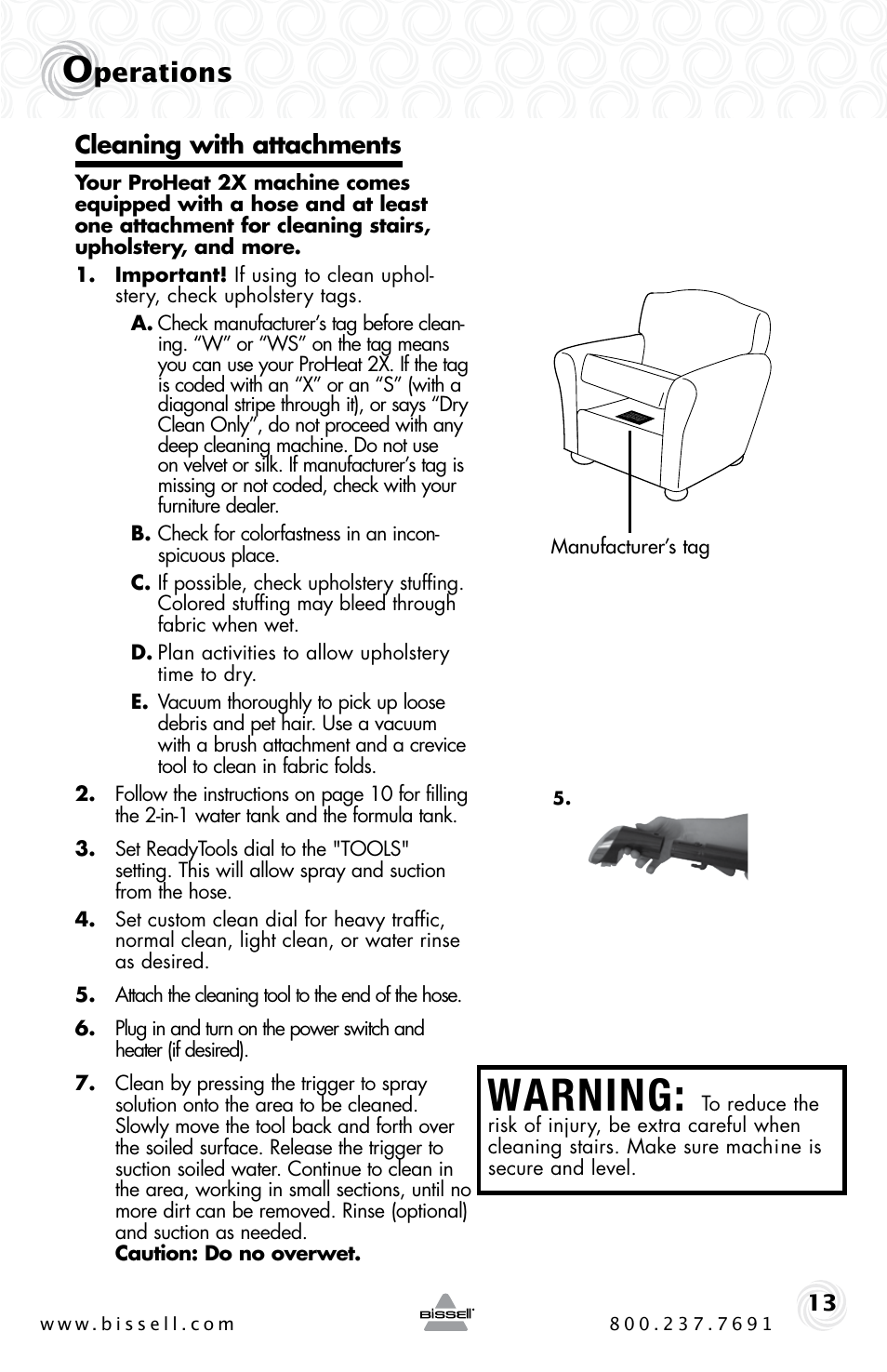 Warning, Perations, Cleaning with attachments | Bissell PROHEAT2X 20B4 User Manual | Page 13 / 72