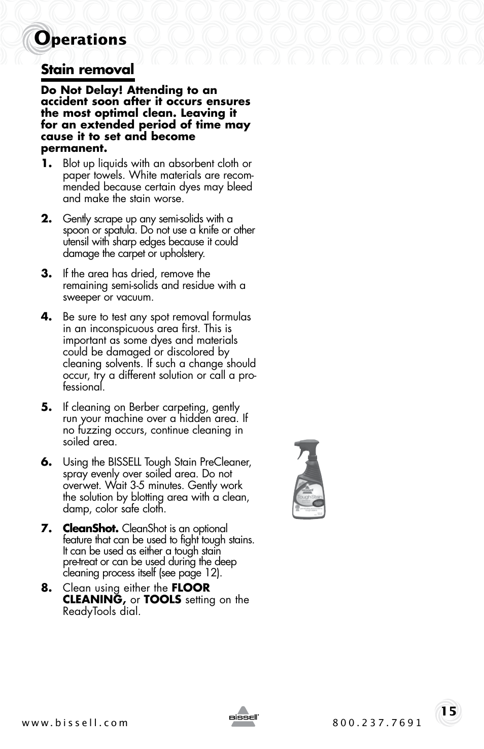 Perations, Stain removal | Bissell PROHEAT2X 20B4 User Manual | Page 15 / 72